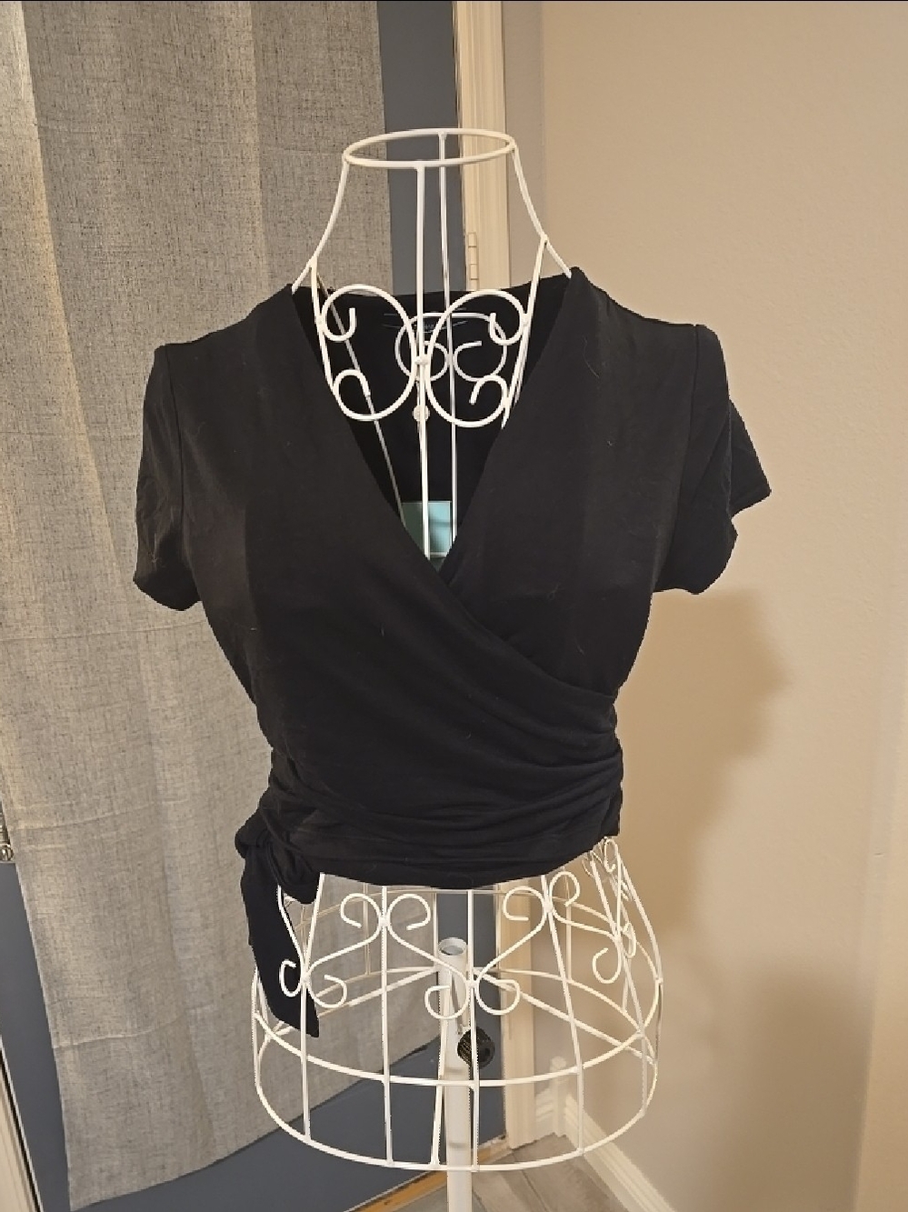 Shore-Women’s Black Wrap-Front Short Sleeve Blouse